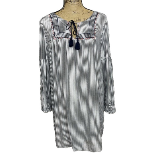 Boutique Striped Boho Tie Neck Mini Dress - Picture 1 of 9